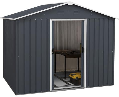COSTWAY 7x4FT/8x6FT/8.5x7FT/9x6FT Galvanized Metal Garden Shed, Outdoor Lockable Tool Storage House with Foundation, Ramp, Vents & Sliding Door, Weatherproof Storage Shed Box (8x6FT, Dark Grey)