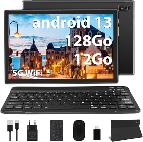 AOCWEI X900 Android 13 Tablette 10 Pouces Octa-Core Tablette, 12Go RAM + 128Go ROM(512Go TF) Support 5G WiFi |8000mAh Batterie |Caméra 8MP + 5MP |2.0Ghz |Tablettes avec Clavier et Souris-Noir