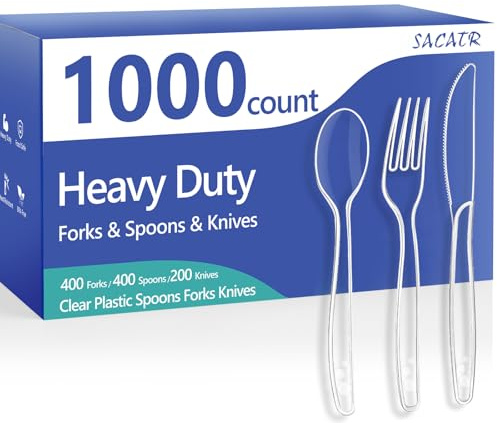 SACATR 1000 Count Plastic Silverware Heavy Duty - 400 Forks, 400 Spoons, 200 Disposable Knives, BPA-Free, Disposable Plastic Cutlery Set, Plasticware Suitable for Party Everyday Use ﻿