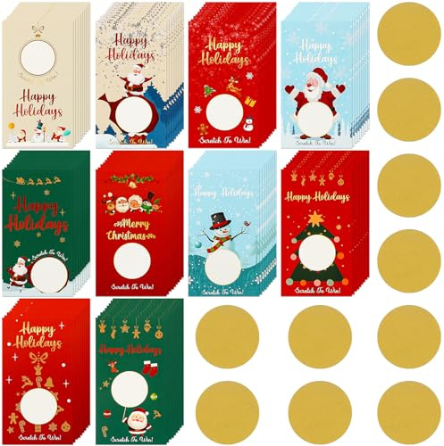 Nezyo 100 Tarjetas Navideñas para Rascar con Patrón de Muñeco de Nieve Alce y Papá Noel Cartas con Pegatinas Doradas para Rascar para Premios Rascador Fiestas Cumpleaños Navidad Eventos Festivos