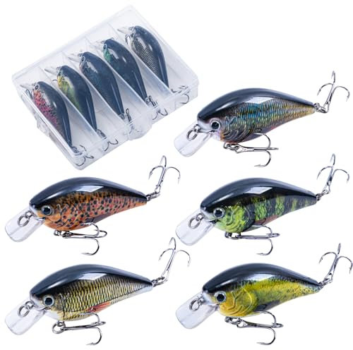 Goture Wobbler Angelköder, 5 Stück Topwater Crankbaits, Hartköder für Barsch, Forelle, Süßwasser, Salzwasser, Crankbait zum Barschangeln, Swimbait-Angelköder für Barsch mit Tackle Box