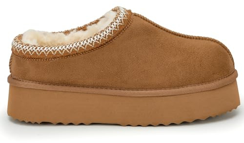 Polar Women s Platform Slippers Faux Suede with Sheepskin, Flexible Waterproof Anti Slip Rubber Soles, Aztec Faux Fur Lined Slip Ons, Winter Ladies Walking Shoes for Indoor & Outdoor - Chestnut UK 8