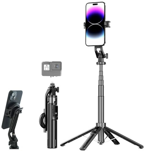 Palo magnético para selfie y trípode con control remoto inalámbrico, soporte portátil extensible de 52 pulgadas para iPhone/Android, diseño compacto ligero (negro)