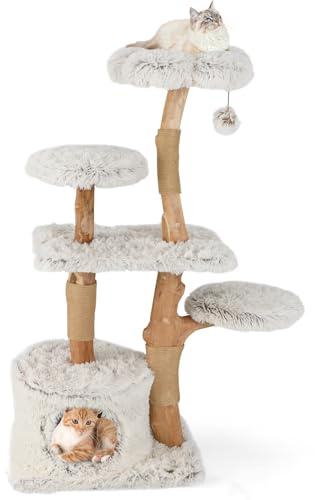 COSTWAY 135 cm kattklösstolpe i trä med kattgrotta, plyschsäte, sittplatsplattform och boll, katttorn med juute klösstolpar, kattmöbler massivt trä, klösstolpe, klätterträd, katter,