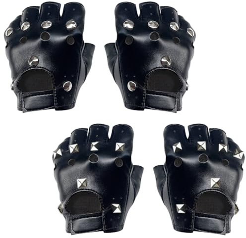 KEYRI 2 Pair Punk Gloves Black Fingerless Hollow Out Stylish Gothic Dazzle Cool Faux Leather Biker Fancy Dress Costume Gloves Cosplay Performance Accessories (Black, One Size)