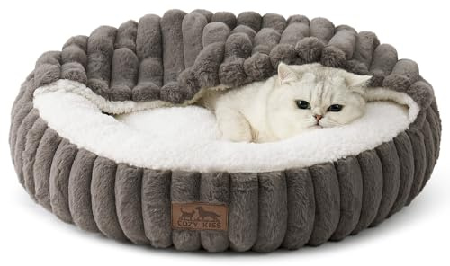 COZY KISS Lit pour Chat et Petit Chien avec Couverture 50x50x15cm - Panier Lavable d’Intérieur, Coussin-Canapé Rond Antidérapant, Douillet et Apaisant avec Repose-Tête en Fausse Fourrure, Gris