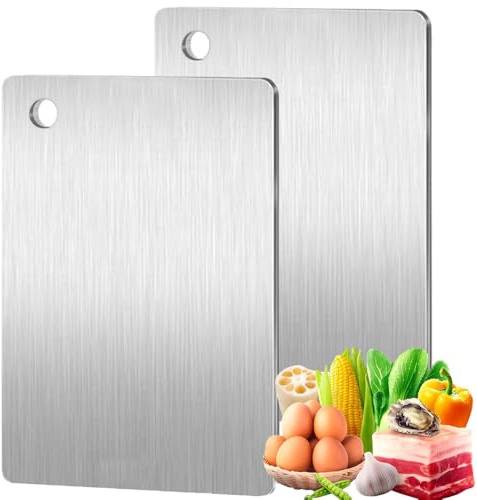 katmerio Lot de 2 planches à découper en acier inoxydable et titane double face 15 cm x 25 cm, antibactériennes et anti-moisissures pour la cuisine