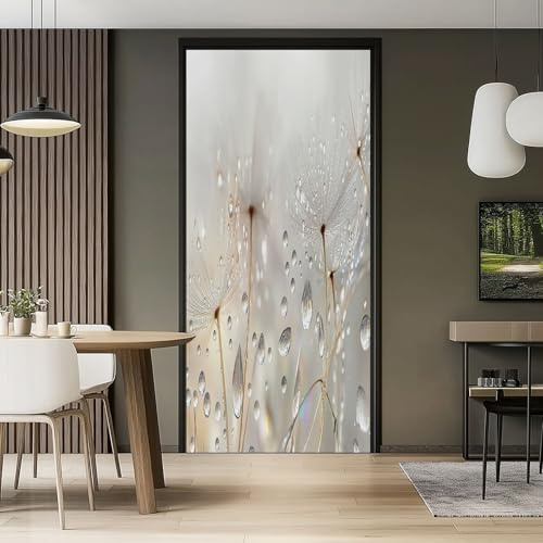 Carta Parati Porta Rimovibile PVC Autoadesivo 80 x 210 cm Adesivi Per Porte Interne Pianta Di Tarassaco Elegante 3D Soggiorno Cucina Camerette Bagno Autoadesivo Porta Murale Decorazione, Crema