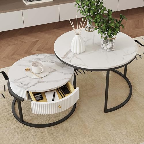 Amveya Tavolino da Divano, Tavolino Salotto Moderno Rotondo a cornice nera set di 2 pezzi, Tavolo Bianco con effetto marmo e cassetto