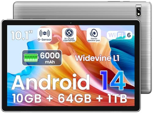 Tablet: Android 14 Tablet - 2025 Newest 10.1 Inch Octa-core Processor, 10GB+64GB 1TB Expand, 6000mAh Battery, 2.4G+5G Wi-Fi 6, 2MP+8MP Dual Camera, Bluetooth, 1280 * 800 FHD IPS Touch Screen (Gray)