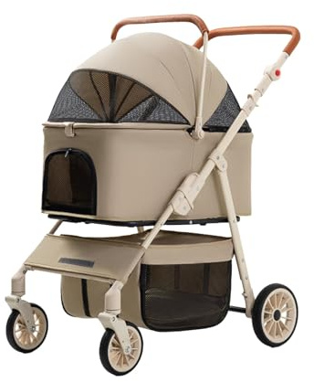 CTREVL Dubbel Hundvagn, Hundkärra för Små och Medelstora Hundar/Katter med Andningsbar Mesh och 4 Hjul, Hopfällbar Resvagn(Beige)