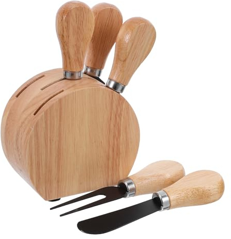 Toyvian Juego de Cuchillos para Queso con Bloque de Roble Cuchillos de Acero Inoxidable para Untar y Cortar Set de Utensilios para Tabla de Charcutería Adecuado para Picnics y Cenas