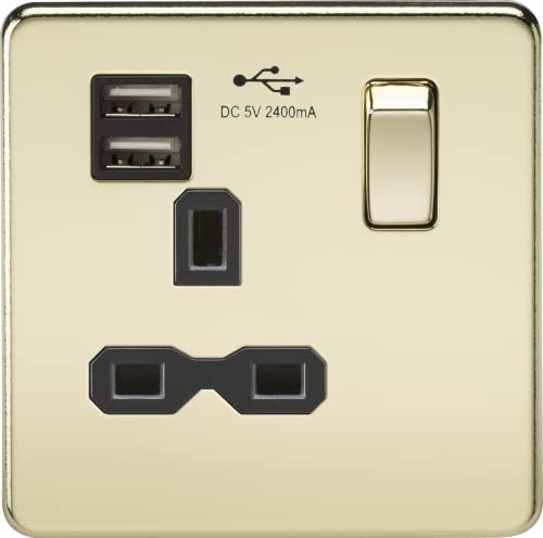 Screwless Single Switched Socket with Dual USB Charger in Polished Brass with Black Insert