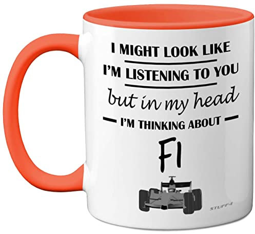 Stuff4 Formula 1 Gifts - In My Head I'm Thinking About F1 - Divertidos regalos de F1 para hombres, amantes de los coches para él, taza, taza de cerámica de Fórmula 1 de 325 ml, apta para lavavajillas