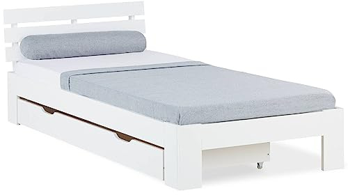 Homestyle4u Holzbett 90x200 Weiß mit Lattenrost, Jugendbett Bettgestell mit Schubladen Stauraumbett, Massivholz Kiefer Einzelbett, 2291