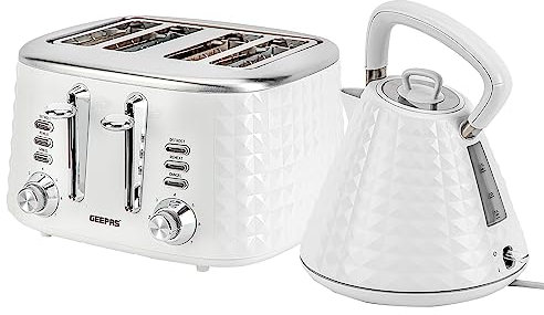 Geepas 4 Slice Bread Toaster & 1.5L Cordless Electric Kettle Combo Set with Textured Design – 1750W Toastie Machine with 7 Browning Control - 3000W Pyramid Kettle with Auto Shut Off & Boil Dry Sensor