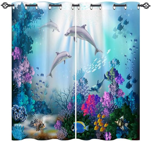 ANHOPE - Lot de 2 rideaux à motifs de dauphins tropicaux - Avec œillets - Occultant - Thermo - Pour enfants garçons et filles - En lin - Pour chambre à coucher, salon - 160 x 132 cm (H x l)