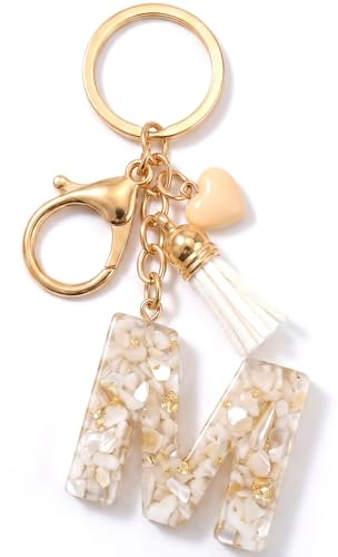Vorysum Porte-clés beige avec initiale lettre porte-clés Cœur porte-clés fille initiale cadeau gland or -porte clef femme