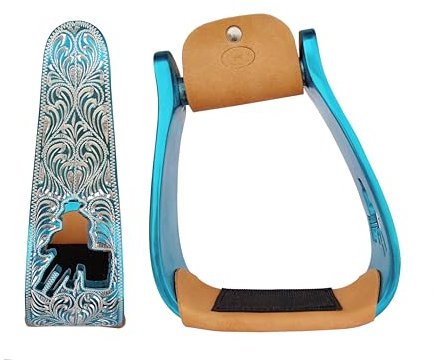 CHALLENGER Horse Western Turquoise Aluminium Gravierte Barrel Racer abgewinkelte Steigbügel 51151TR