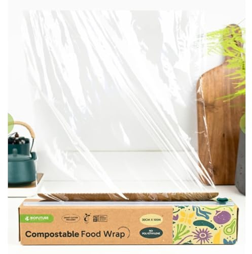 Pellicola trasparente biodegradabile con dispenser e taglierina, 100 m x 30 cm, compostabile, a base vegetale, senza BPA, adatta al congelatore, resistente agli strappi, per uso domestico, cucina e