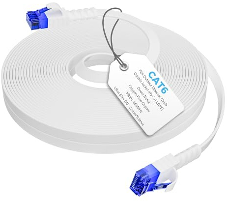 Mygatti CAT 6 platt Ethernet-kabel 15 m vit, utomhus/inomhus med vattentät direktbegravning, RJ45 Gigabit nätverkskabel, LAN och patchkabel för router, switch, modem