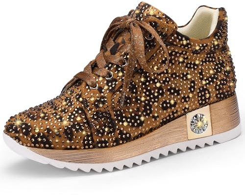FINDVELL Women's Fashion Glitter Sneakers Platform Wedge Shoes Sparkly Rhinestone High Top Sneakers Trendy Sequin Shoes Wedding Bride Dress Size 11 Leopard