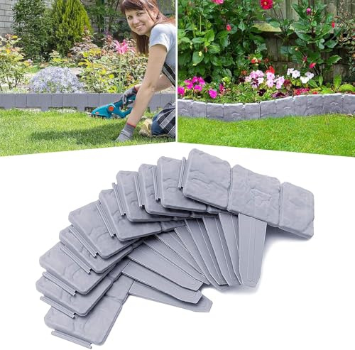 FIVMEN Rasenkante Kunststoff Beeteinfassung T-Form Beetumrandung mit Bodenspieß & Schnalle, Flexible Schneidebar Gartenpalisade 2,5M, Hellgrau (10pcs, 25x23cm)