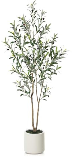 Artificial Olive Tree,5FT Olive Tree with White Pot, Large Indoor Plant with Lifelike Leaves & Fruits,Tall Artificial Plant for Home Office Garden Decor