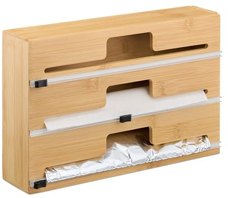 Relaxdays Folienspender, 3 Rollen, für Schublade, Bambus, HxBxT: 21,5 x 33,5 x 8 cm, Folienaufbewahrung Küche, natur
