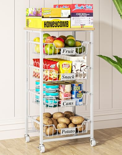OKZEST 5-Tier Kitchen Storage Cart with 4 Upgraded Drawer Basket & Wood Top