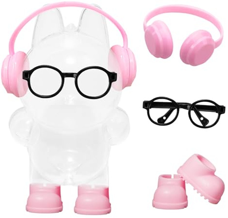 Xerteam Pink Doll Accessories for 17cm Plush Monster, Doll Shoes, Black Glasses, Cool Plastic Earphone, Random Cartoon Stickers, Cute Fashion Doll Clothes Accessories