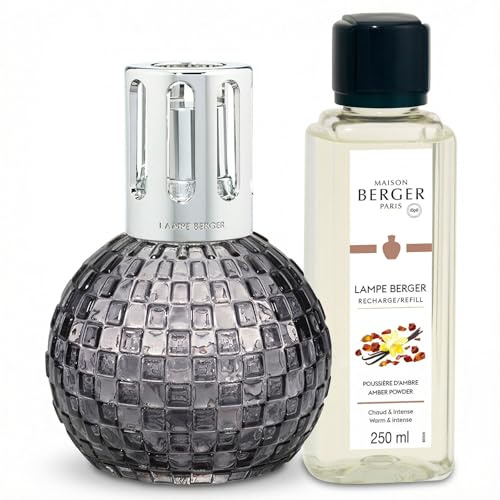 MAISON BERGER - Set Regalo Lampada Disco - Diffusore Catalitico Profumo per la Casa a Scacchiera Tonda con Ricarica 250 mL - Lampada Neutralizzante Odori - Prodotto in Francia (Grigio - Polvere