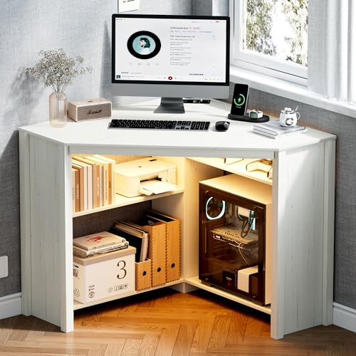 FREDEES Corner Desk with Charging Station & LED Light, White | Triangle Computer Table, Storage Shelves, For Small Spaces, L Shaped Desk for Gaming Room