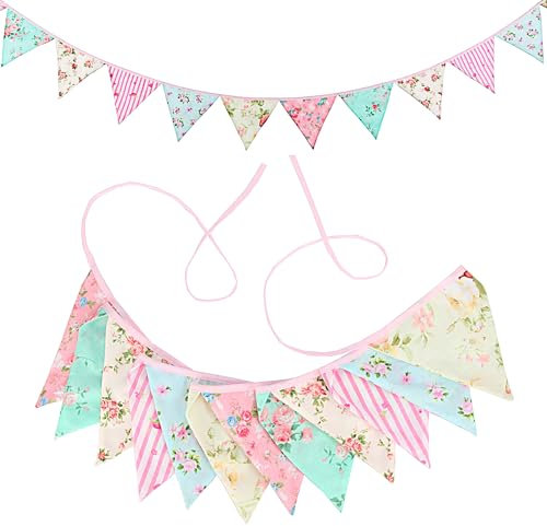 G2PLUS Double Sided Fabric Bunting Banner -12PCS Pink Fabric Bunting Nursery - 3.3M Cotton Triangle Pennants for Decorating Girls Bedroom Birthday Parties