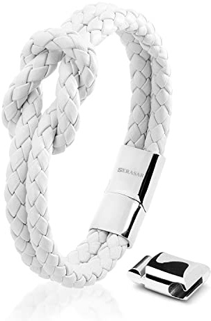 SERASAR Leder Armband Damen Weiß 18cm - Weiss Frauen Echt Schmuck Schachtel Knoten Armkette Freundin Schwester Mädchen Partner Geschenke Pärchen Paar Mama Geschenkidee für Sie