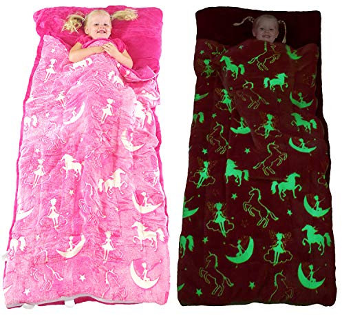 Kinder-Schlafsack mit Kissentasche, Einhorn-Schlafsack für Jungen und Mädchen, leuchtet im Dunkeln, groß und weich, Kleinkind-Schlafsäcke für Mädchen und Jungen, Plüsch, Kleinkind-Schlafmatte,