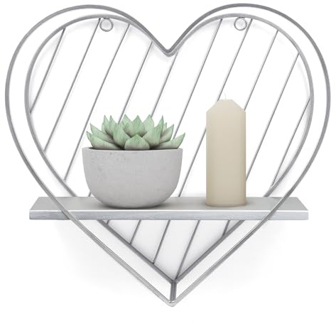 SUMGAR Heart Floating Shelves for Wall with Solid Pine Wood and Metal Wire, Wooden Wall Shelf, Small Wall Mounted Shelf, Shelves for Bathroom, Bedroom, Living Room, Kids' Room and More, Silver Grey