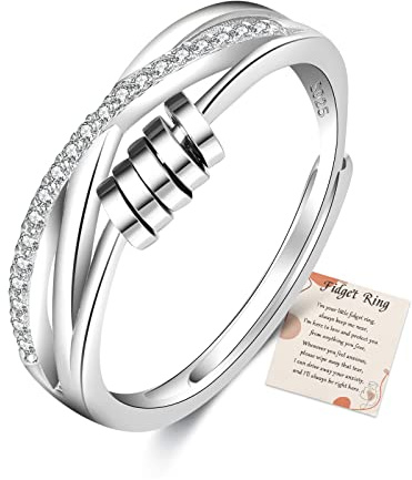 LOUMILEO Anelli per ansia in argento Sterling per donne, anelli fidget per ansia, donne, figlia, anello fidget regolabile, per ragazze, con zirconia cubica, antistress, con scatola, Argento sterling,