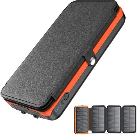 BRENCIL Power Bank Solar 27000mAh - Cargador Solar USB 22.5W Carga Rápida Cargador Portátil de Teléfono con 4 Paneles Solares y Linterna para Teléfonos y Tabletas Camping