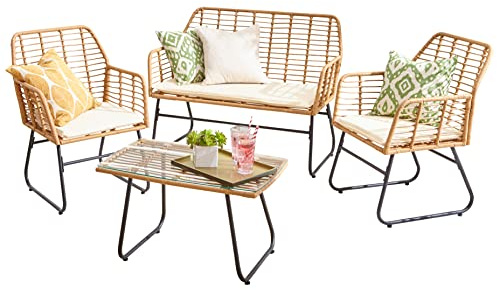 Neo Garden Patio Furniture Wicker Rattan Chair Table Sofa Outdoor Indoor Balcony Conservatory Cushion Set (Natural)