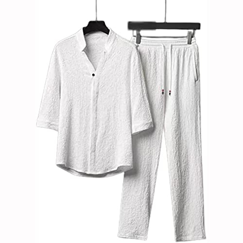 LULAND Conjunto de 2 Piezas de Lino para Hombre, Trajes de Vacaciones de Playa de Verano, Camisa de Manga Corta con Botones Informales, Conjuntos de Pantalones Largos Sueltos (Medium,White)