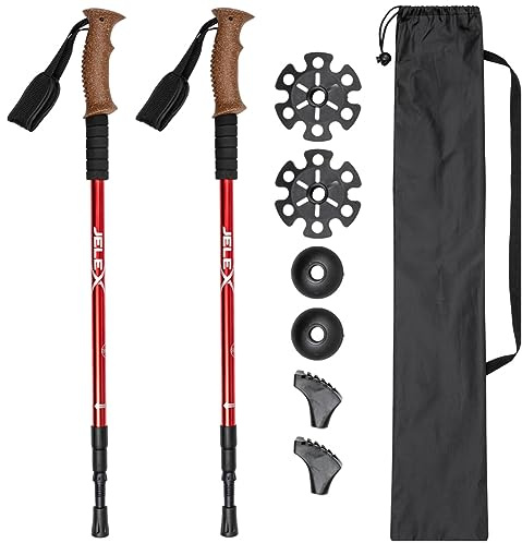 JELEX Nature - Bastoni telescopici per nordic walking, regolabili, con vari accessori per attività all'aperto, bastoncini da trekking ultraleggeri con tecnologia antishock (Red Premium)