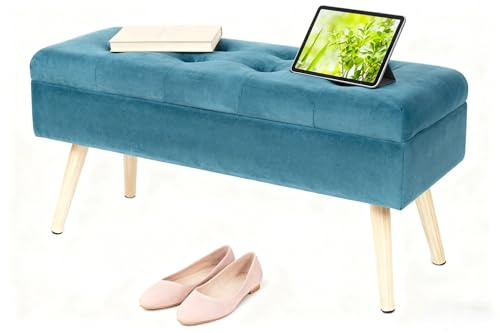 Hawthyhome Banc avec Espace de Rangement - 80 × 35 × 43 cm - Coffre de Rangement - Banc rembourré en Velours avec Pieds en Bois - pour Couloir, Salon, Chambre à Coucher - Vert
