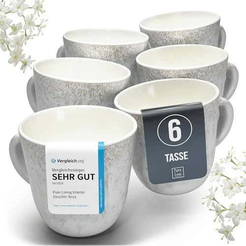 Kaffekoppar i set med 6 stycken, Ibiza-serien – premium koppar i stengods, diskmaskins- och mikrovågsugnssäkra, reptåliga – snyggt te- och kaffekoppsset – Pure Living servis i ljusbeige