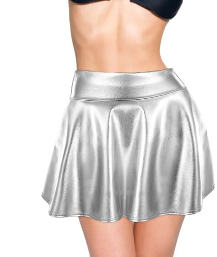 Glitzer Rock Damen Mini Skate Rock für Ausgestellter Faltenrock Hohe Taille Glitzerrock Metallischer Nasser Karnevals Halloween Skater Rock Metallic für Damen und Mädchen (Silber)