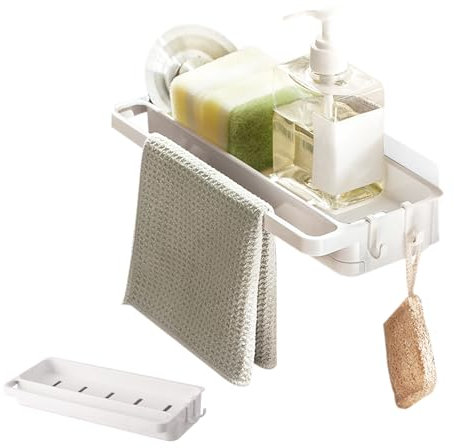 EACHPT Porta Spugna da Cucina,Organizer per Lavello Cucina,Porta Spugna Lavandino Senza Forare,Porta Spugna con Vassoio di Scarico Rimovibile Ganci Portasciugamani per Cucine
