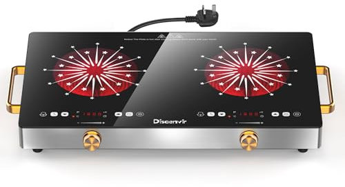 Disaenvir Portable Ceramic Hob 2 Zone, 3200W Plug in Electric Hob with Safety Lock & Knobs & Touch Control, 56cm Built-in Cooktops for Hot Pot with Dual Zone, 9 Power Levels, 4 Hour Timer, 220-240V