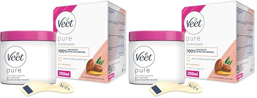 Veet Pure Zuckerpaste mit Arganöl - Sugaring Paste für die Haarentfernung an Körper & Gesicht - 1 x 250 ml inkl. Holzspatel & Stoffstreifen (Packung mit 2)