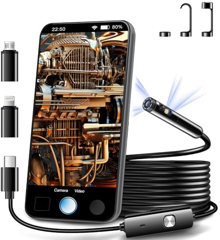 [Dual Lens] Endoscope Inspection Camera by AURTEC, Dual HD Lens, IP68 Waterproof, 11.5FT/3.5M Semi-Rigid Cable, Borescope Camera with LED Lights, Compatible with Android and iOS Devices