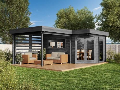 Alpholz 5-Eck Gartenhaus Pepe Optima Gartenhaus aus Holz in Grau, Holzhaus mit 40 mm Wandstärke, Blockbohlenhaus mit Montagematerial